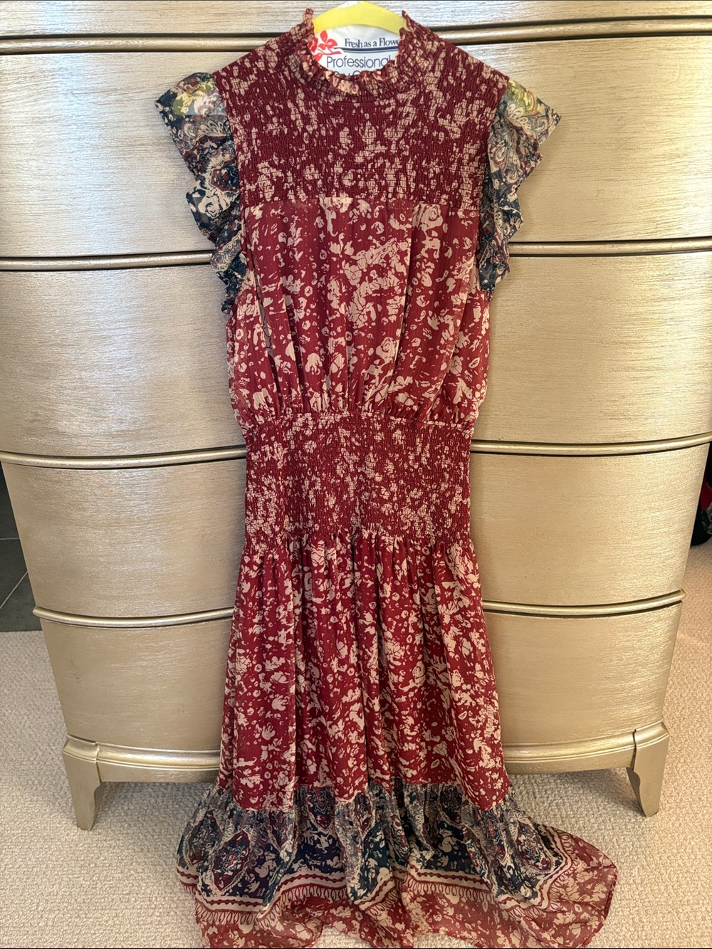 Aqua Burgundy Floral Maxi Dress with Printed Hem
